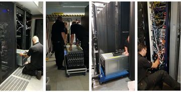 Four images showing data centre move (servers, wires etc)